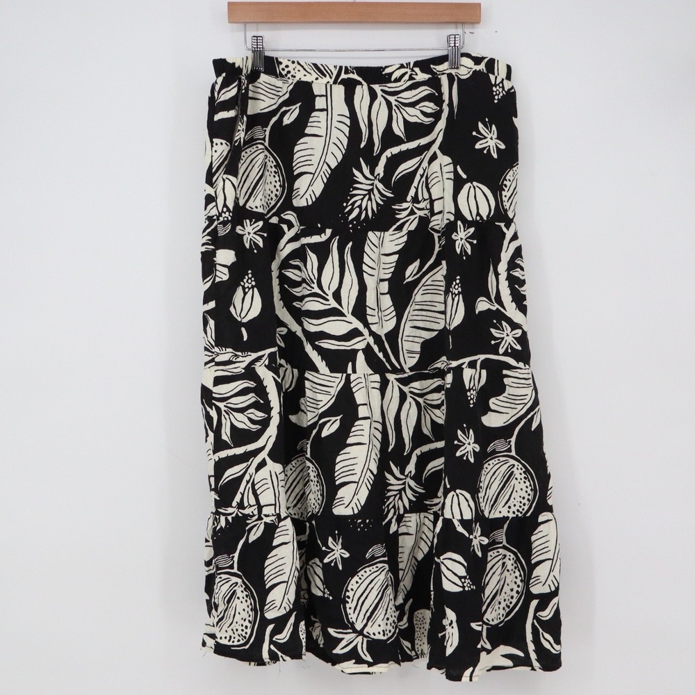 Christian Siriano Linen Skirt Womens XL Maxi Tiered Black White Tropical